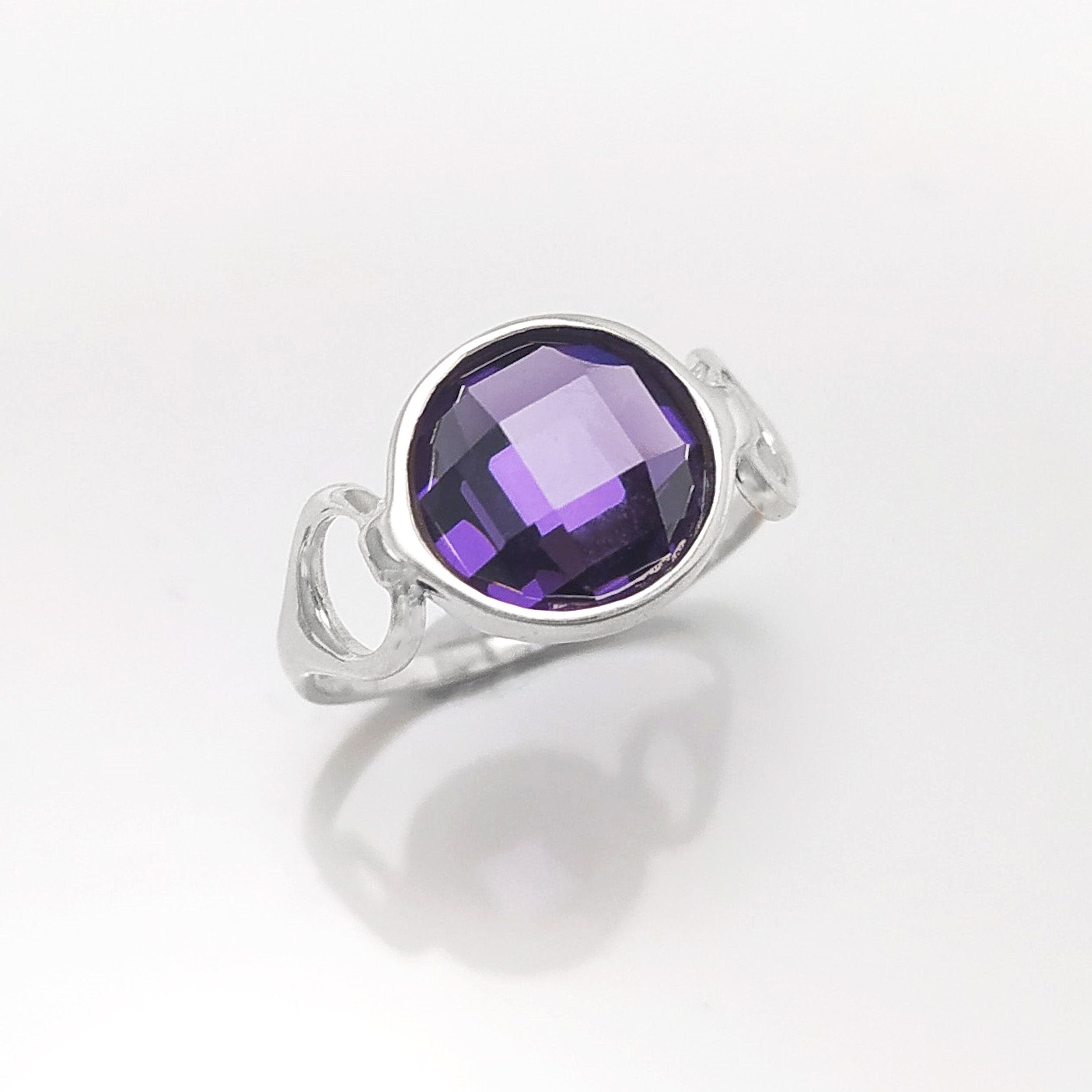 Purple Ring, Sterling Silver, Amethyst Color Round Stone (CZ), Unique Faceted Round Stone, Original Solitaire Violet Stone Jewelry
