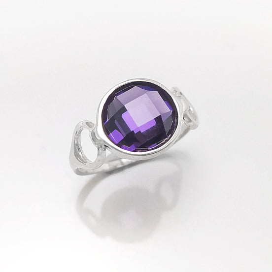 Purple Ring, Sterling Silver, Amethyst Color Round Stone (CZ), Unique Faceted Round Stone, Original Solitaire Violet Stone Jewelry