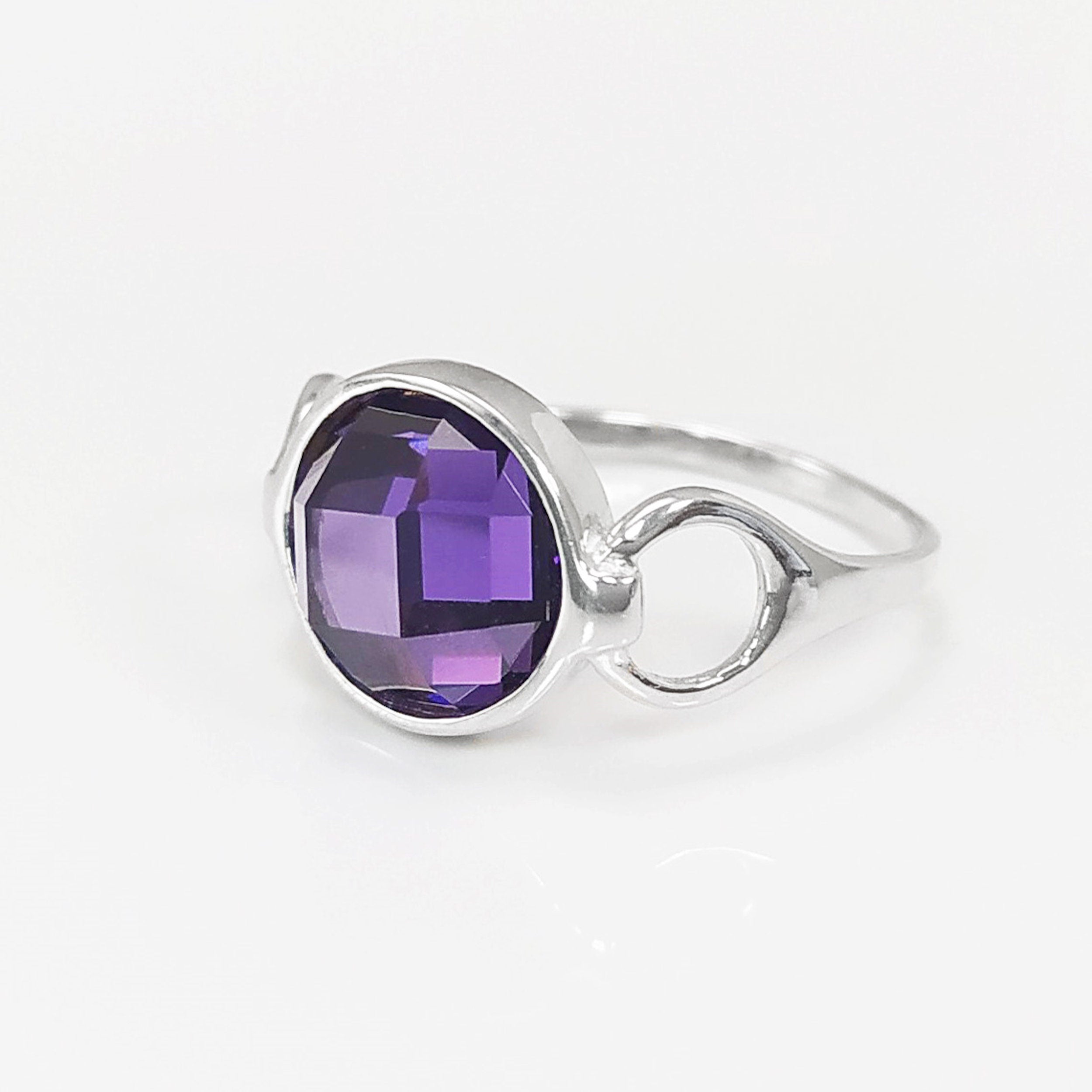 Purple Ring, Sterling Silver, Amethyst Color Round Stone (CZ), Unique Faceted Round Stone, Original Solitaire Violet Stone Jewelry