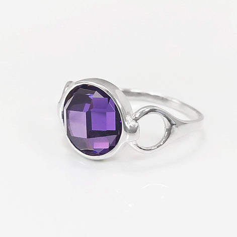 Purple Ring, Sterling Silver, Amethyst Color Round Stone (CZ), Unique Faceted Round Stone, Original Solitaire Violet Stone Jewelry