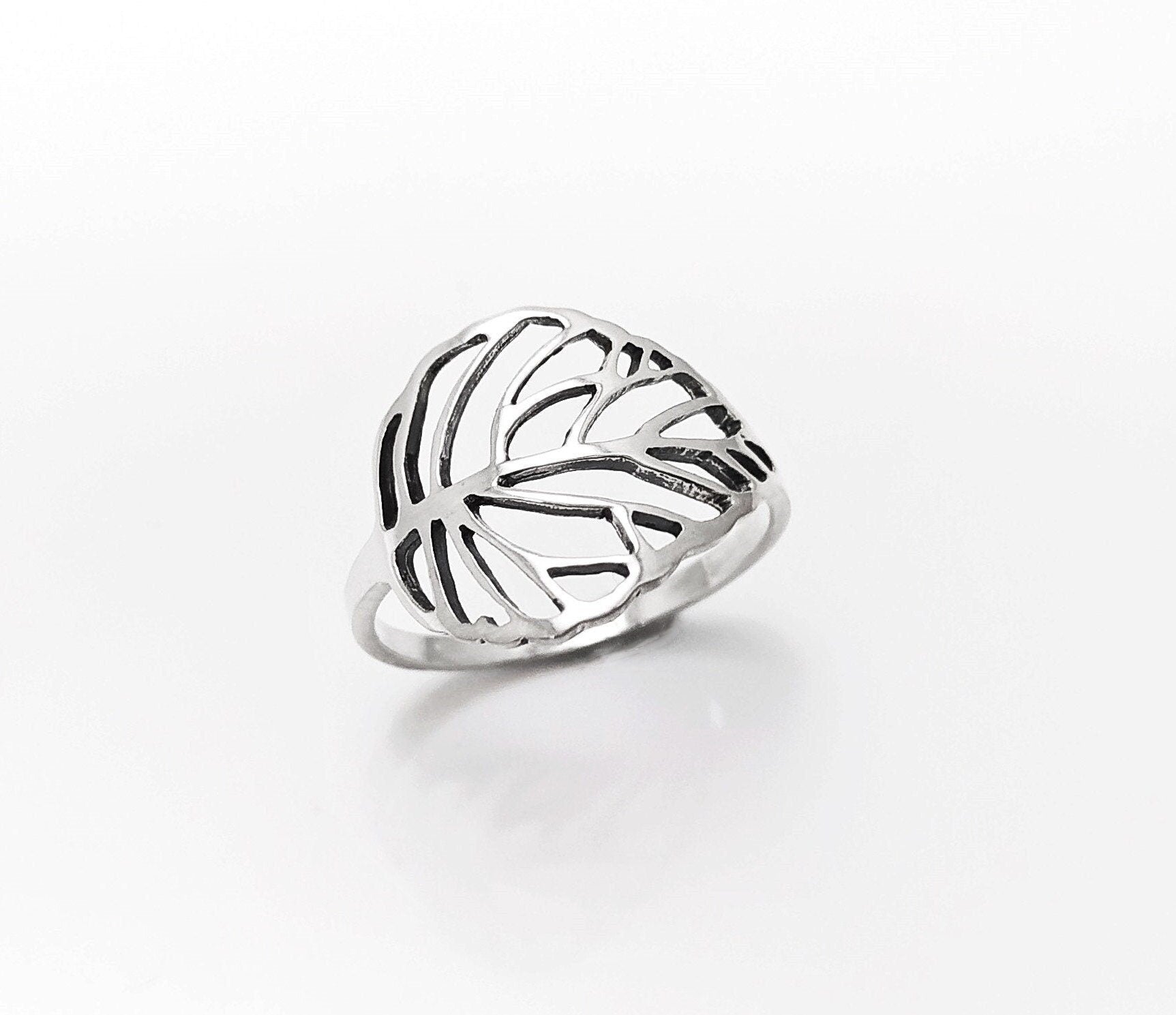Leaf Ring, Sterling Silver, Rubber Ficus Plant Ring, Filigree Branch, Skeleton Leaf Veins Ring, Tropical, Nature, Greenery Jewelry