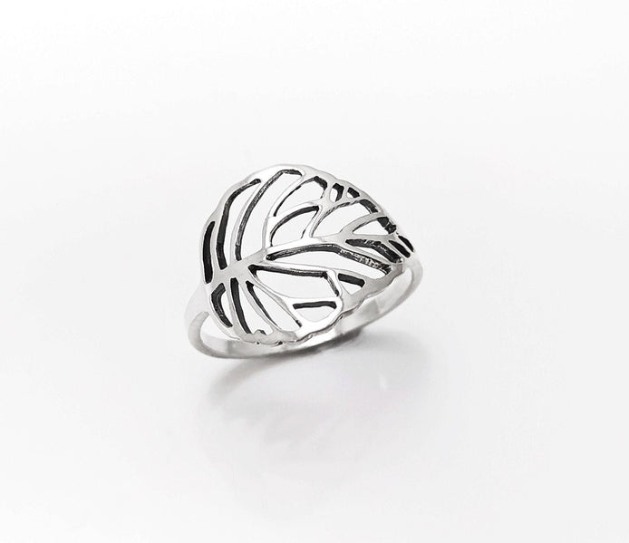 Leaf Ring, Sterling Silver, Rubber Ficus Plant Ring, Filigree Branch, Skeleton Leaf Veins Ring, Tropical, Nature, Greenery Jewelry
