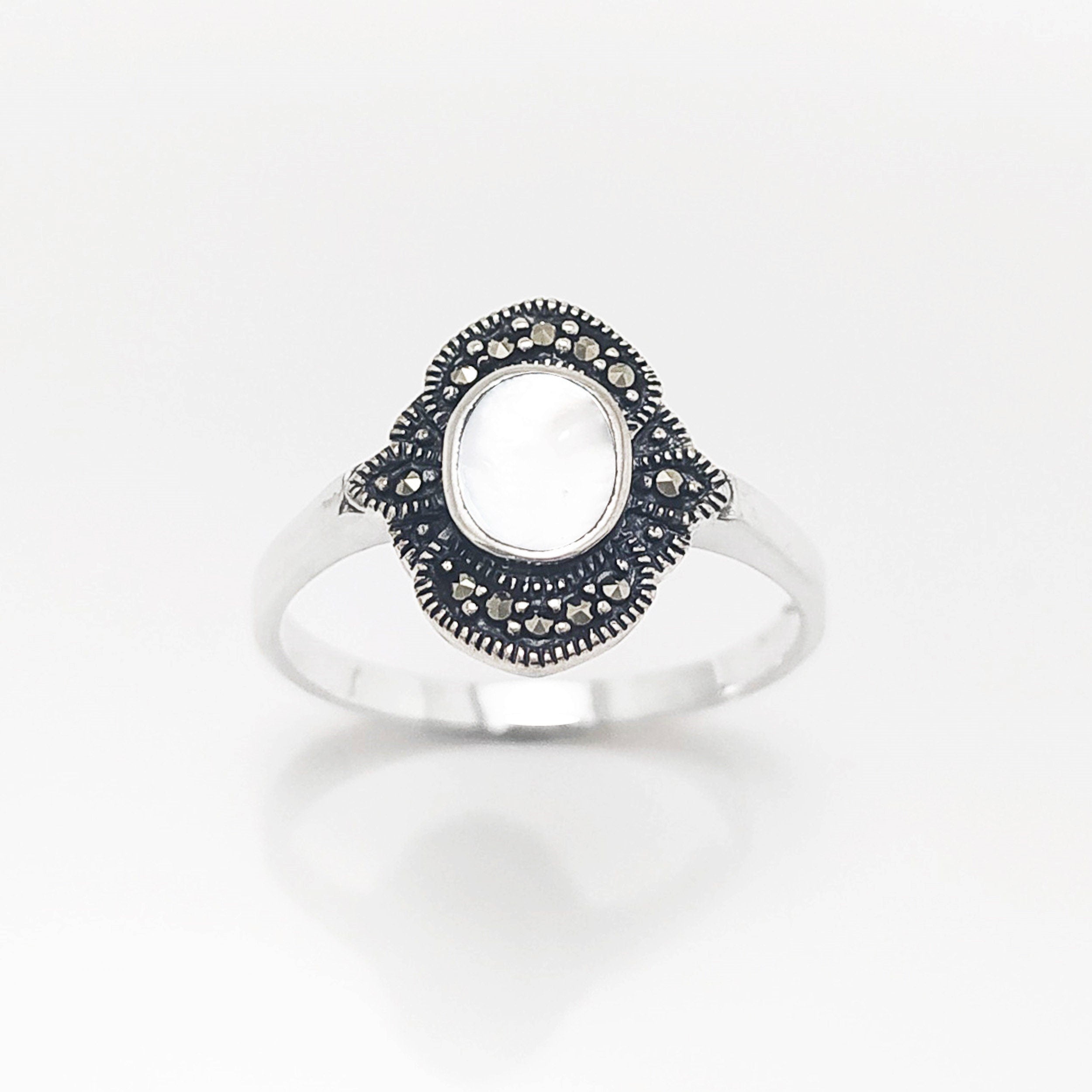 Dainty Vintage Ring, Sterling Silver, Small Art Deco Marcasites Ring, Oval GENUINE Mother of Pearl, Reissued Antique Retro Inspired Jewelry