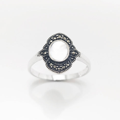 Dainty Vintage Ring, Sterling Silver, Small Art Deco Marcasites Ring, Oval GENUINE Mother of Pearl, Reissued Antique Retro Inspired Jewelry