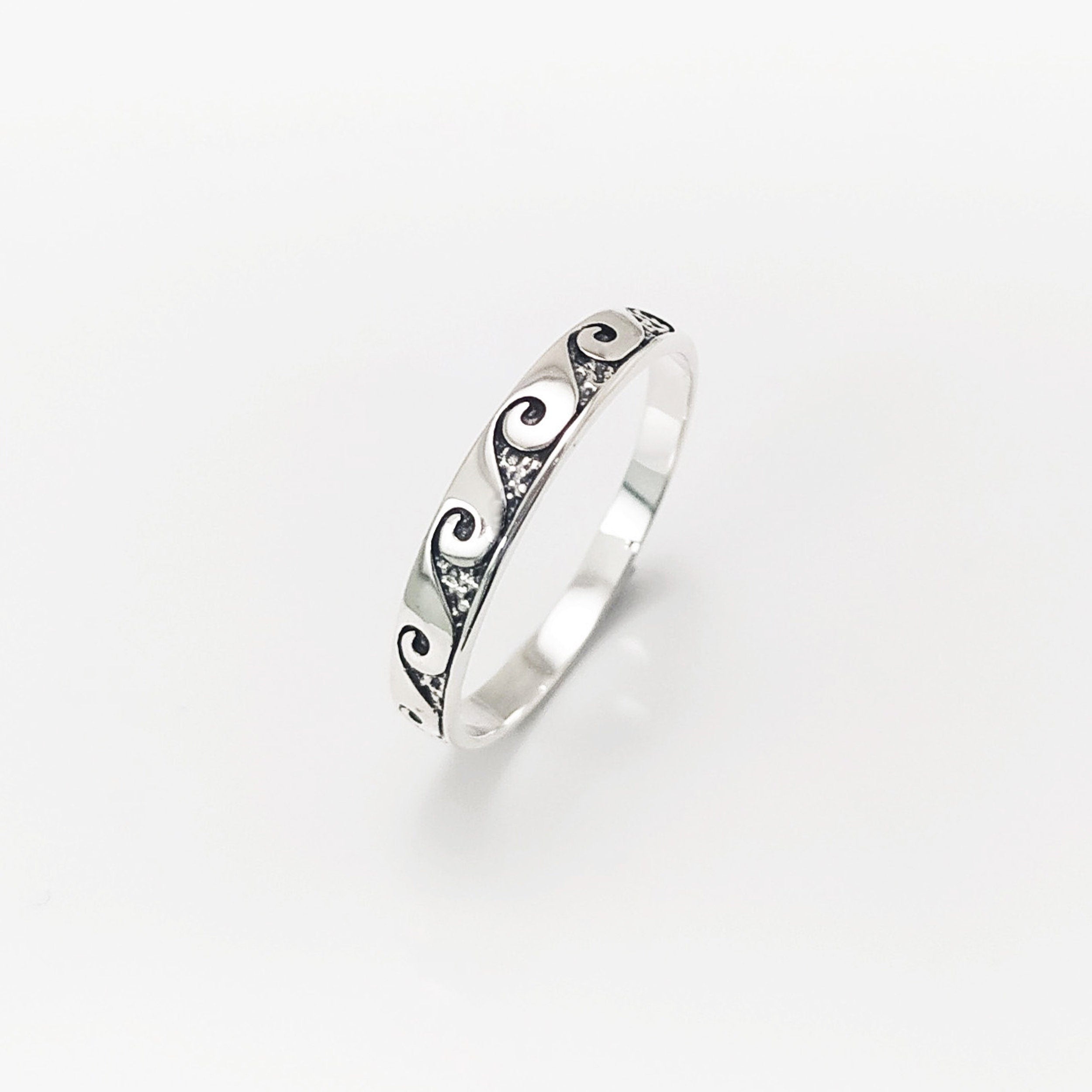 Ocean Wave Ring, Sterling Silver, Casual Beach Band, Carved Waves Pattern, Dainty Surfer Ring, Unique Ocean Jewelry, Hawaii Tribal Jewelry