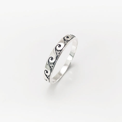 Ocean Wave Ring, Sterling Silver, Casual Beach Band, Carved Waves Pattern, Dainty Surfer Ring, Unique Ocean Jewelry, Hawaii Tribal Jewelry