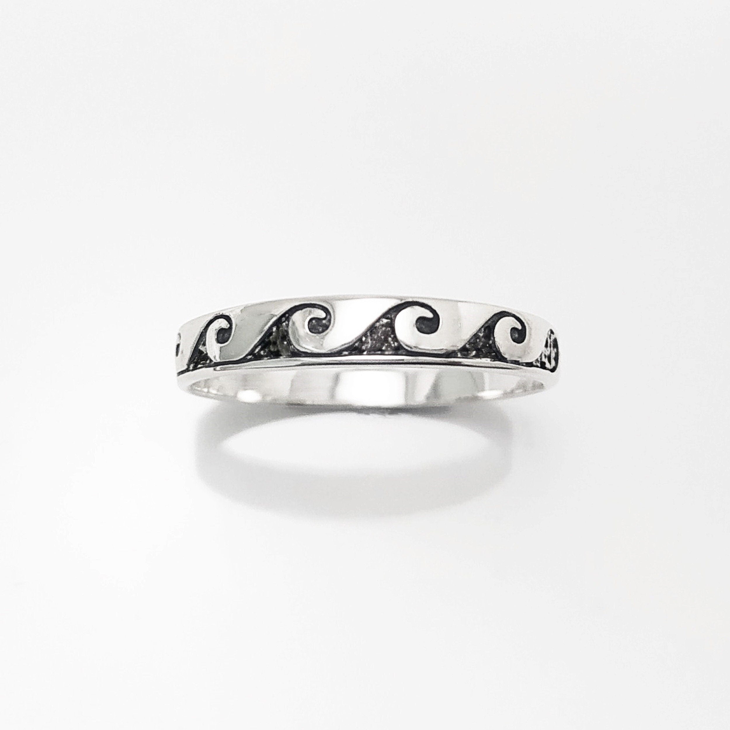Ocean Wave Ring, Sterling Silver, Casual Beach Band, Carved Waves Pattern, Dainty Surfer Ring, Unique Ocean Jewelry, Hawaii Tribal Jewelry