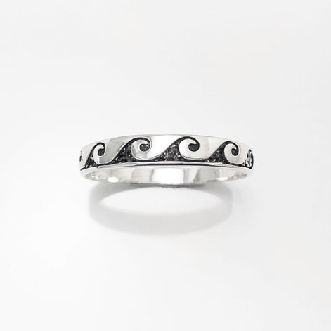Ocean Wave Ring, Sterling Silver, Casual Beach Band, Carved Waves Pattern, Dainty Surfer Ring, Unique Ocean Jewelry, Hawaii Tribal Jewelry