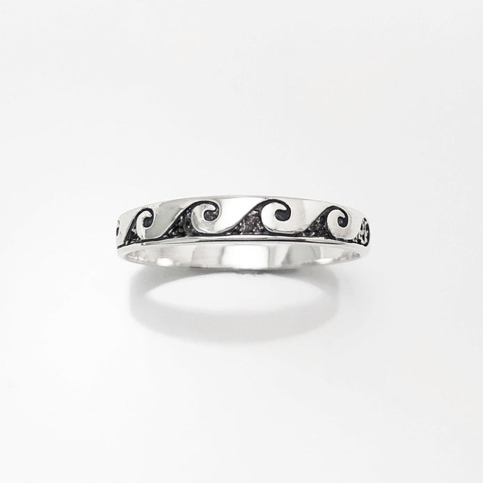 Ocean Wave Ring, Sterling Silver, Casual Beach Band, Carved Waves Pattern, Dainty Surfer Ring, Unique Ocean Jewelry, Hawaii Tribal Jewelry