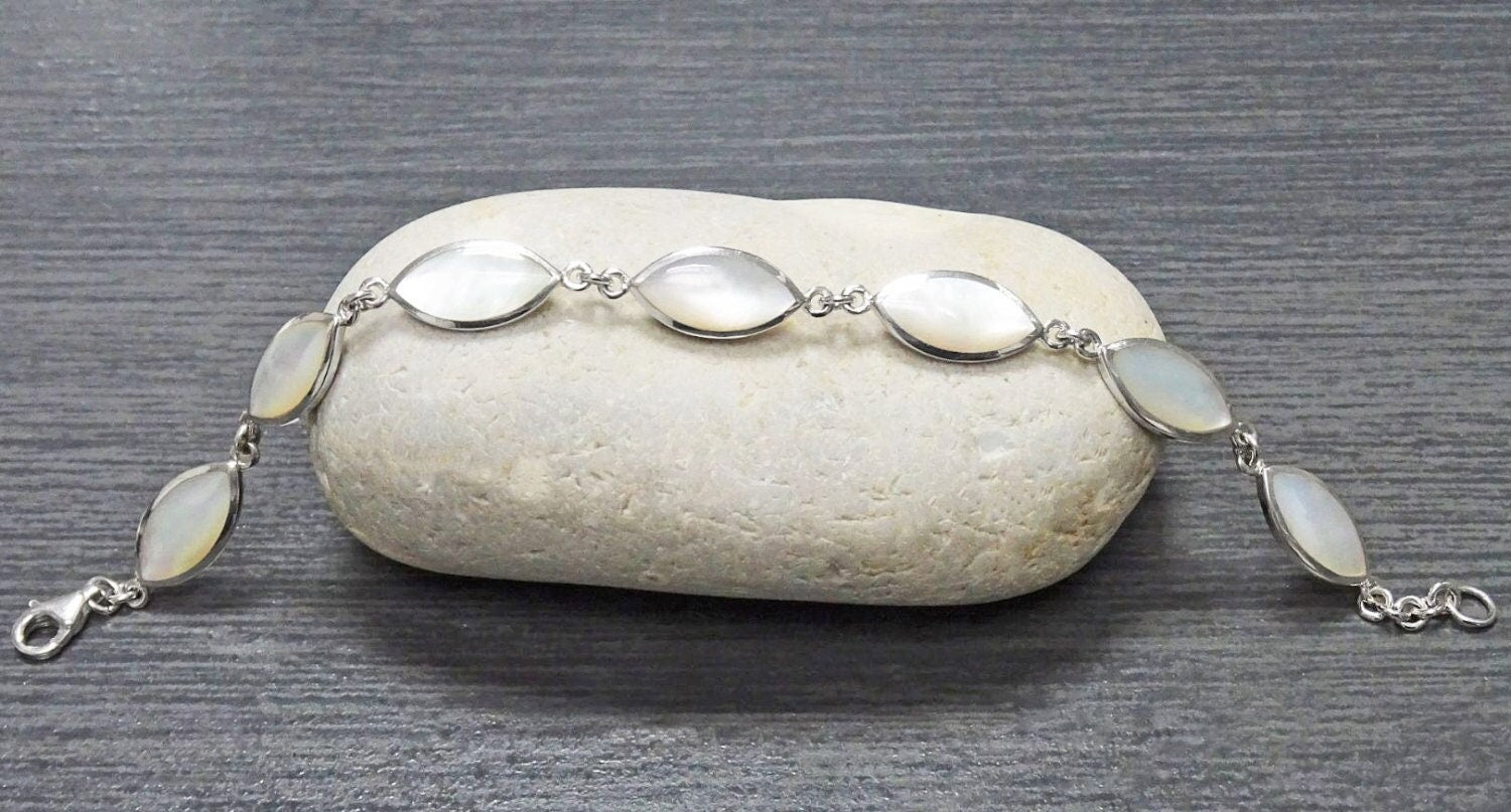 White Mother-of-Pearl Bracelet • 925 Sterling Silver • Minimalist Fine Jewelry
