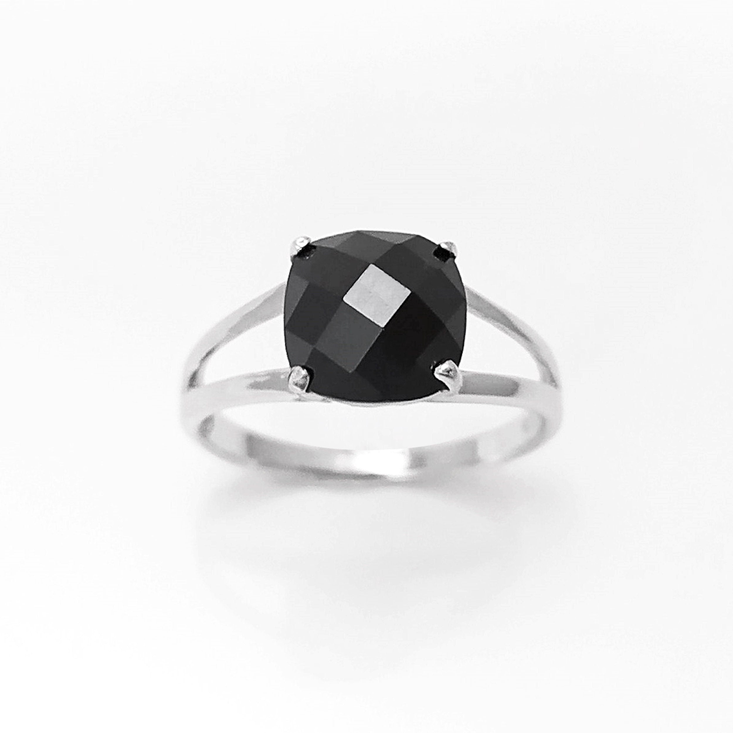 Square Stone Ring, Sterling Silver, Black Color (CZ) Ring, Modern Ring, Engagement Jewelry, Prongs setting, Solitaire Black 925 Ring.