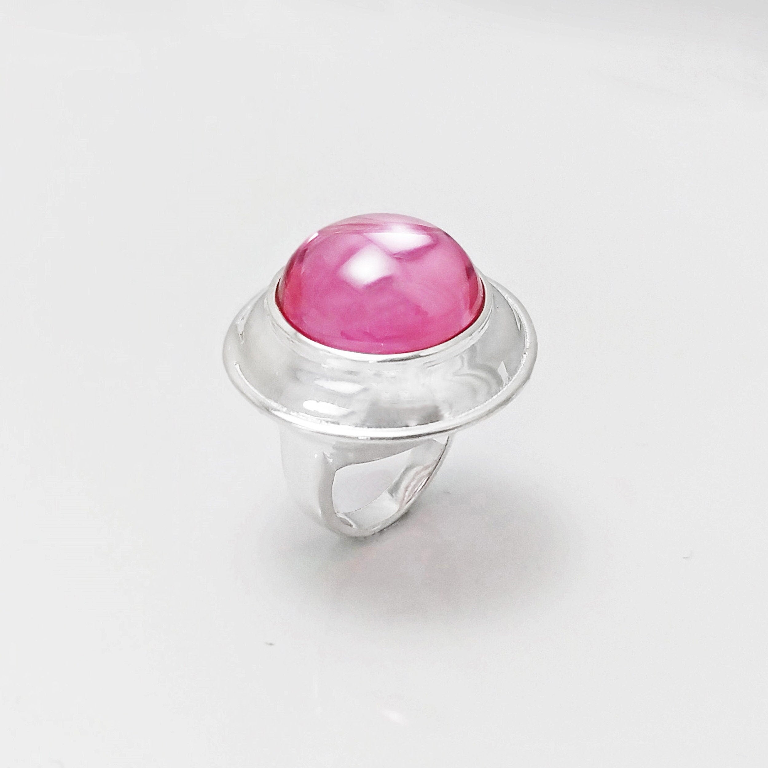 Pink cz Ring, Sterling Silver, Rose Round Domed Stone, flying saucer Ring, Statement Modern original Design Jewelry