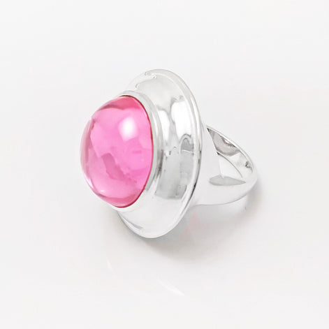 Pink cz Ring, Sterling Silver, Rose Round Domed Stone, flying saucer Ring, Statement Modern original Design Jewelry