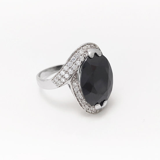 Crossing Ring, Sterling Silver, Bypass Bicolor Black white Stones Band, Cocktail Stone (CZ) Cross Ring, Statement Woman Ring, Bold Ring