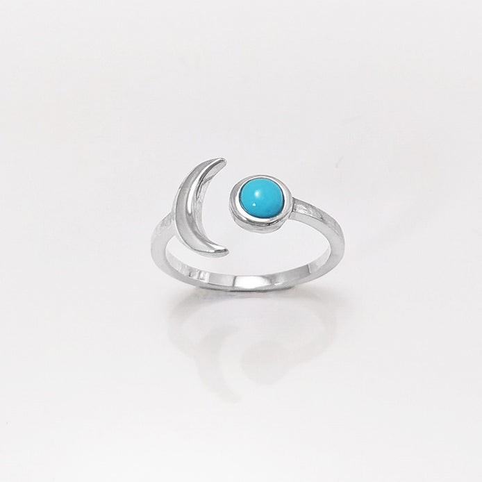 Turquoise Crescent Moon Ring, Sterling Silver, Boho Chakra Stellar Cosmic Jewelry, Lunar Open Ring, Celestial Round Blue Stone Ring