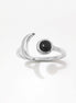 Crescent Moon Ring, Sterling Silver, Boho Chakra Stellar Cosmic Jewelry, Lunar Open Ring, Celestial Round Stone, Genuine Black Onyx Gemstone