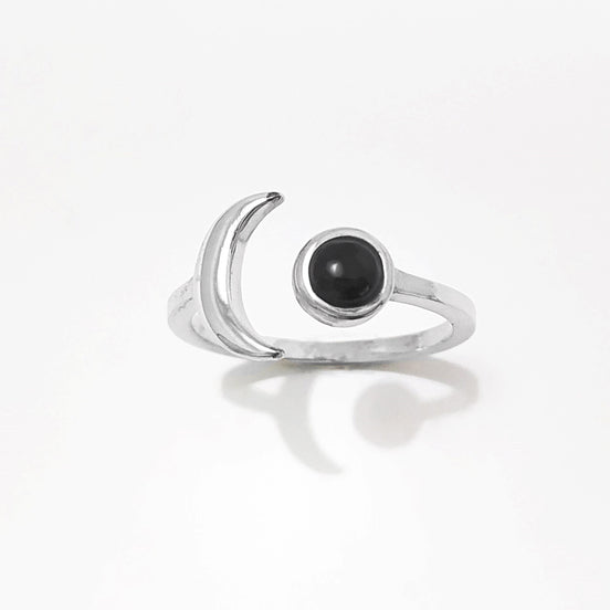 Crescent Moon Ring, Sterling Silver, Boho Chakra Stellar Cosmic Jewelry, Lunar Open Ring, Celestial Round Stone, Genuine Black Onyx Gemstone