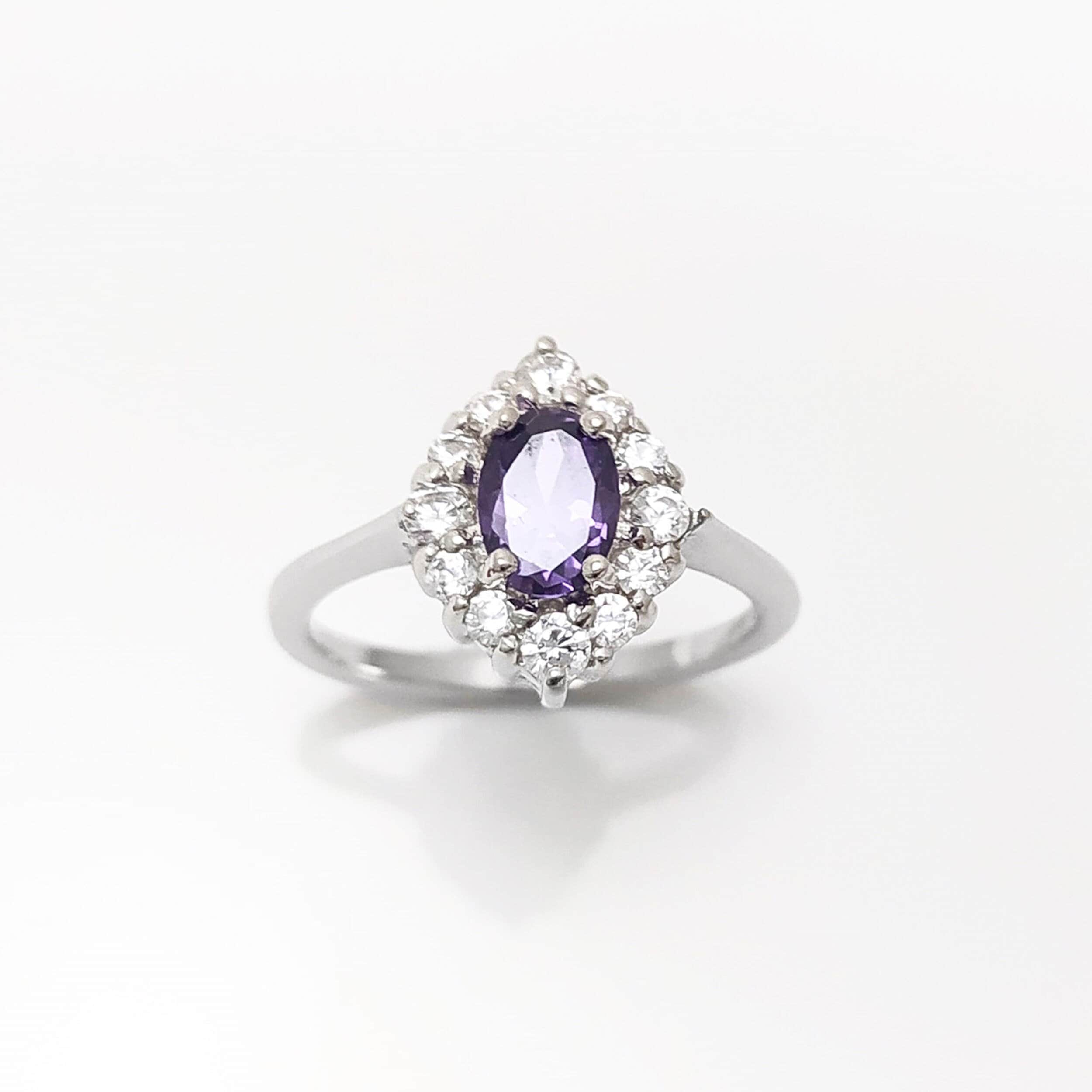Purple Marquise Ring, Sterling Silver, White CZ Stones, Oval Amethyst Color CZ Stone, Engagement Ring, Classic Promise Jewelry, Woman Gift