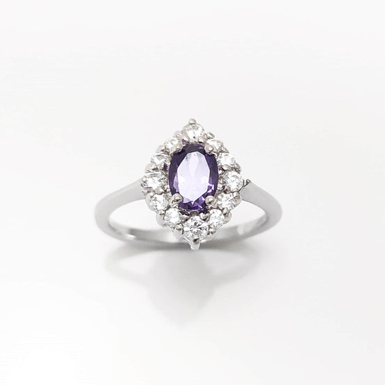 Purple Marquise Ring, Sterling Silver, White CZ Stones, Oval Amethyst Color CZ Stone, Engagement Ring, Classic Promise Jewelry, Woman Gift