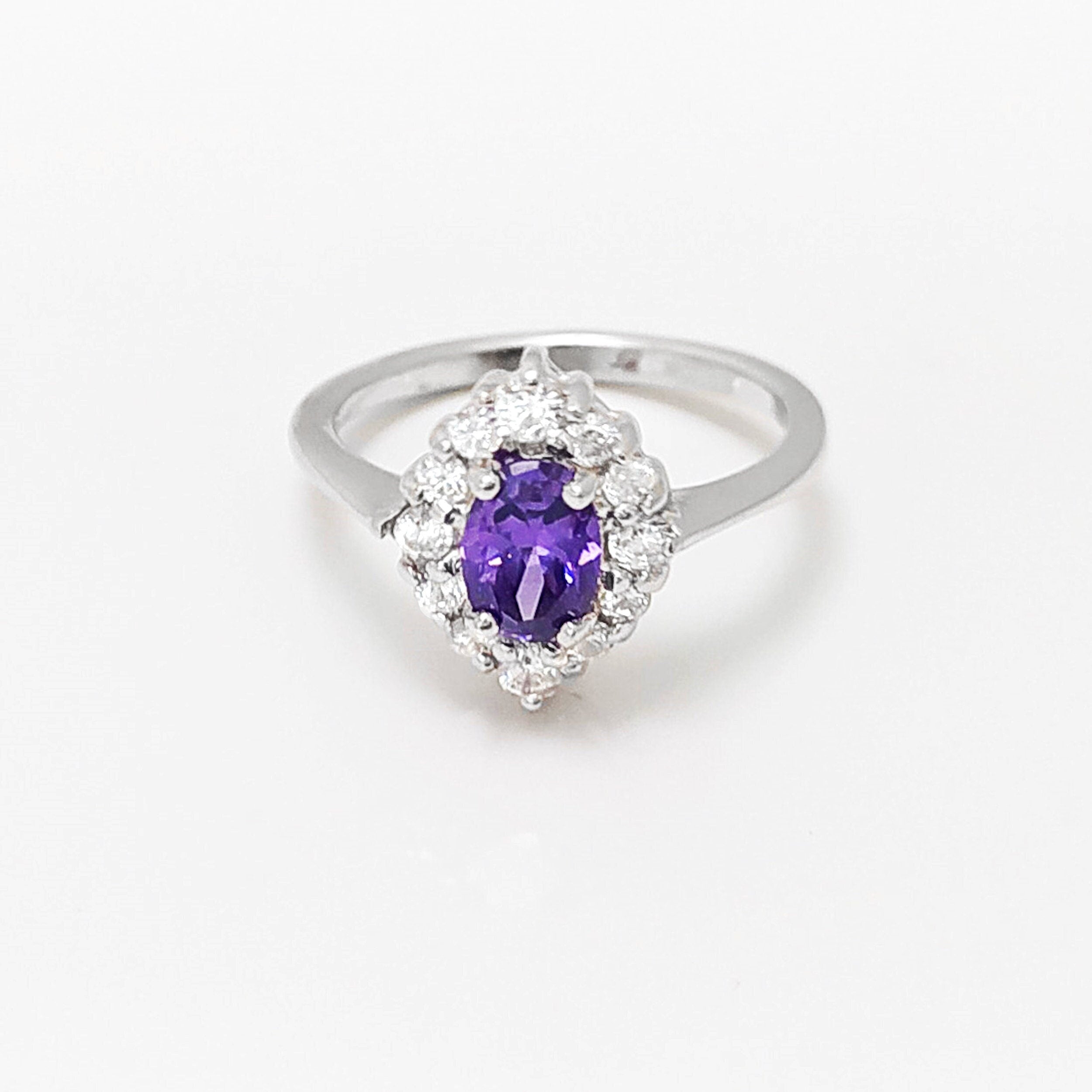 Purple Marquise Ring, Sterling Silver, White CZ Stones, Oval Amethyst Color CZ Stone, Engagement Ring, Classic Promise Jewelry, Woman Gift