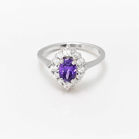 Purple Marquise Ring, Sterling Silver, White CZ Stones, Oval Amethyst Color CZ Stone, Engagement Ring, Classic Promise Jewelry, Woman Gift