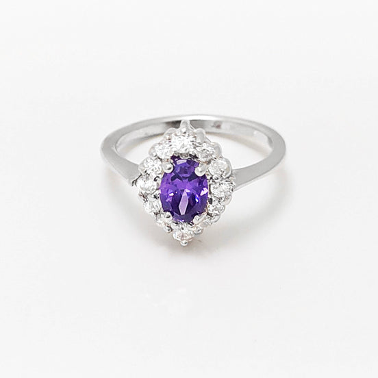 Purple Marquise Ring, Sterling Silver, White CZ Stones, Oval Amethyst Color CZ Stone, Engagement Ring, Classic Promise Jewelry, Woman Gift