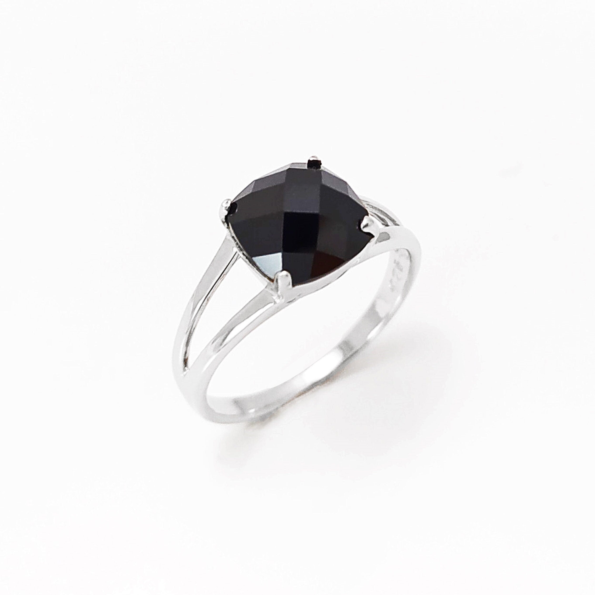Square Stone Ring, Sterling Silver, Black Color (CZ) Ring, Modern Ring, Engagement Jewelry, Prongs setting, Solitaire Black 925 Ring.