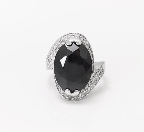Crossing Ring, Sterling Silver, Bypass Bicolor Black white Stones Band, Cocktail Stone (CZ) Cross Ring, Statement Woman Ring, Bold Ring
