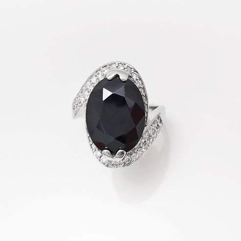 Crossing Ring, Sterling Silver, Bypass Bicolor Black white Stones Band, Cocktail Stone (CZ) Cross Ring, Statement Woman Ring, Bold Ring