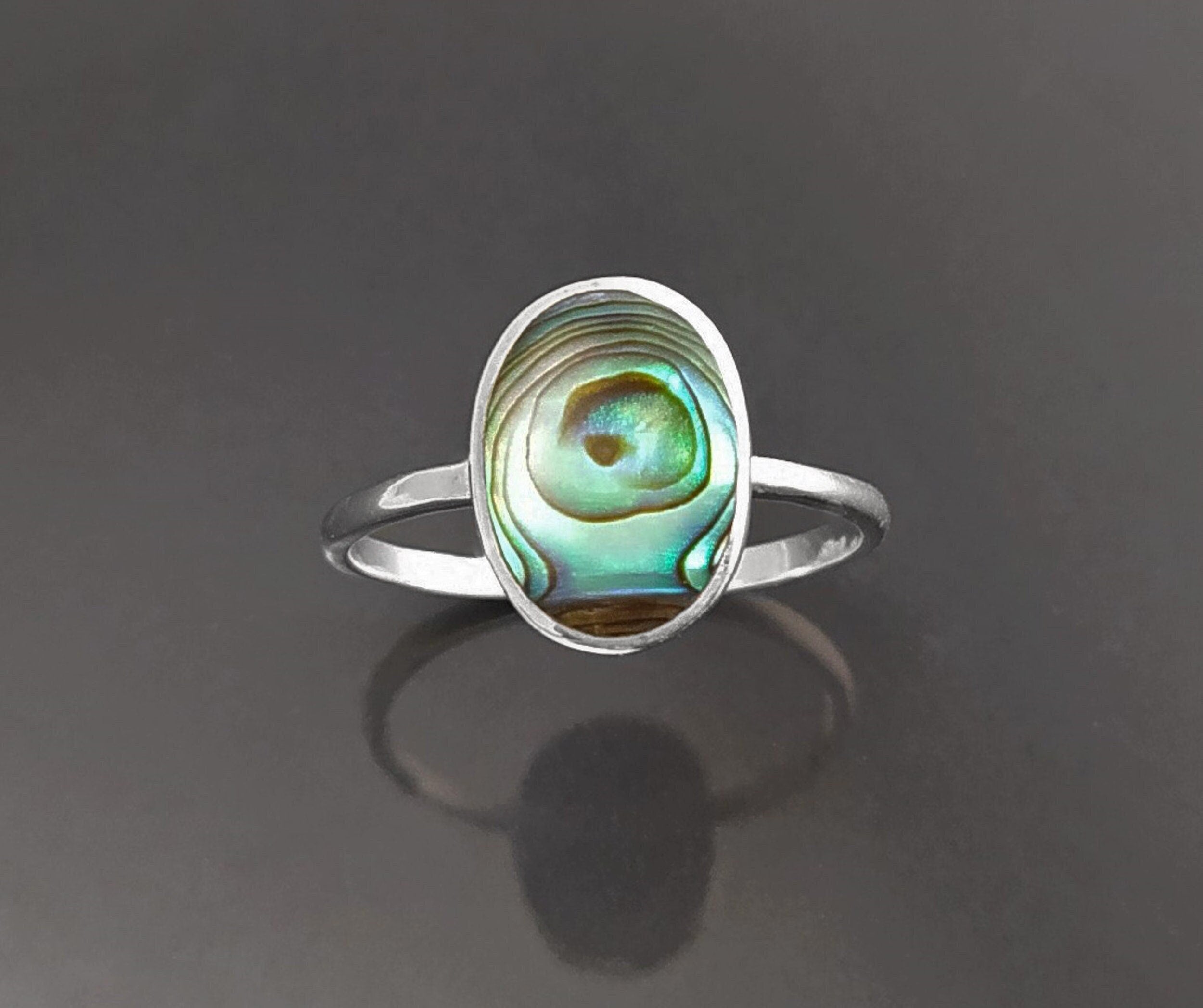 Abalone Flat Oval Ring, Sterling Silver Genuine PAUA Shell Mother of Pearl with Rainbow Reflection, Modern Minimalist Style