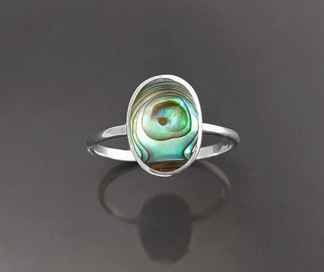 Abalone Flat Oval Ring, Sterling Silver Genuine PAUA Shell Mother of Pearl with Rainbow Reflection, Modern Minimalist Style