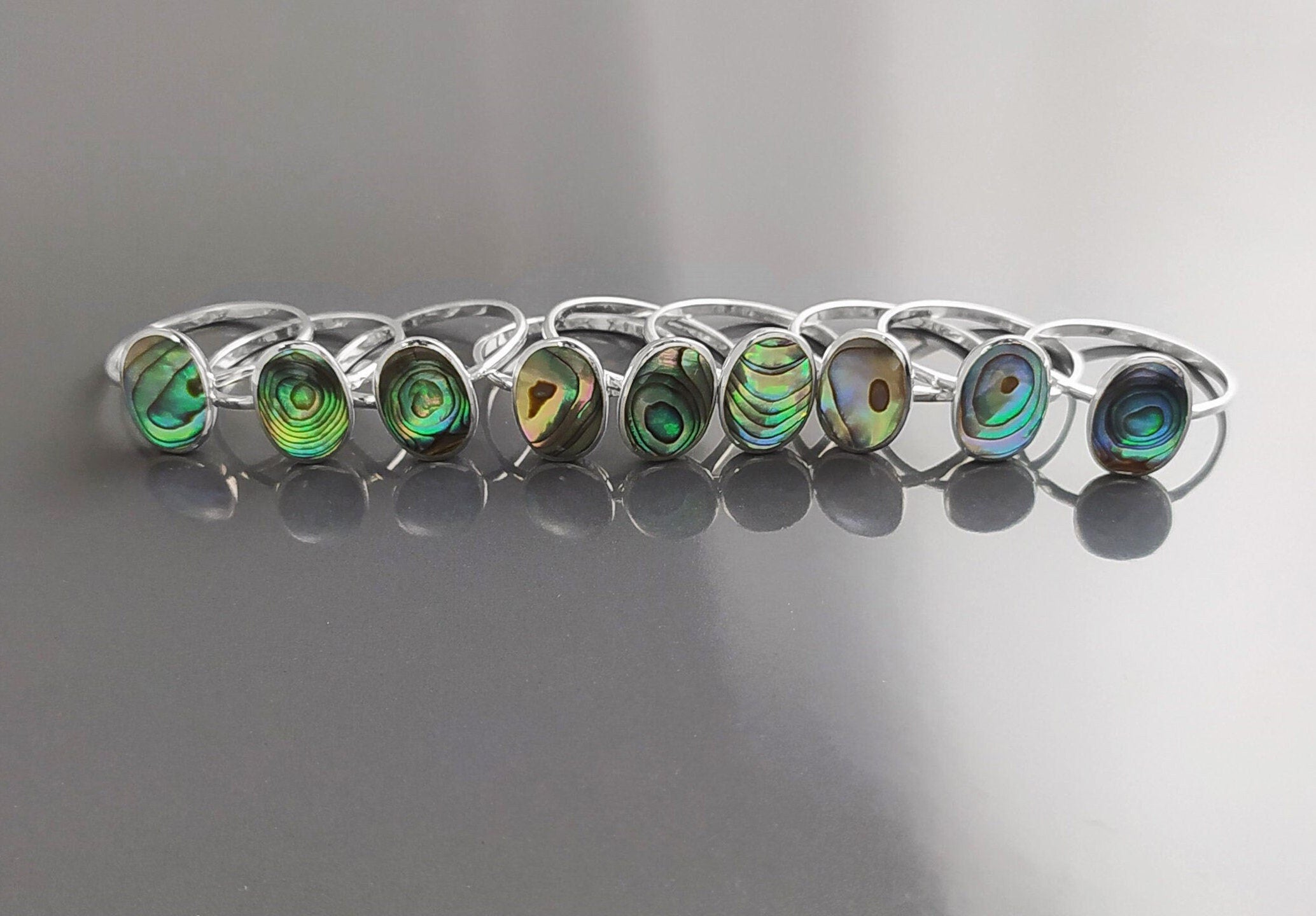 Abalone Flat Oval Ring, Sterling Silver Genuine PAUA Shell Mother of Pearl with Rainbow Reflection, Modern Minimalist Style