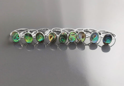 Abalone Flat Oval Ring, Sterling Silver Genuine PAUA Shell Mother of Pearl with Rainbow Reflection, Modern Minimalist Style