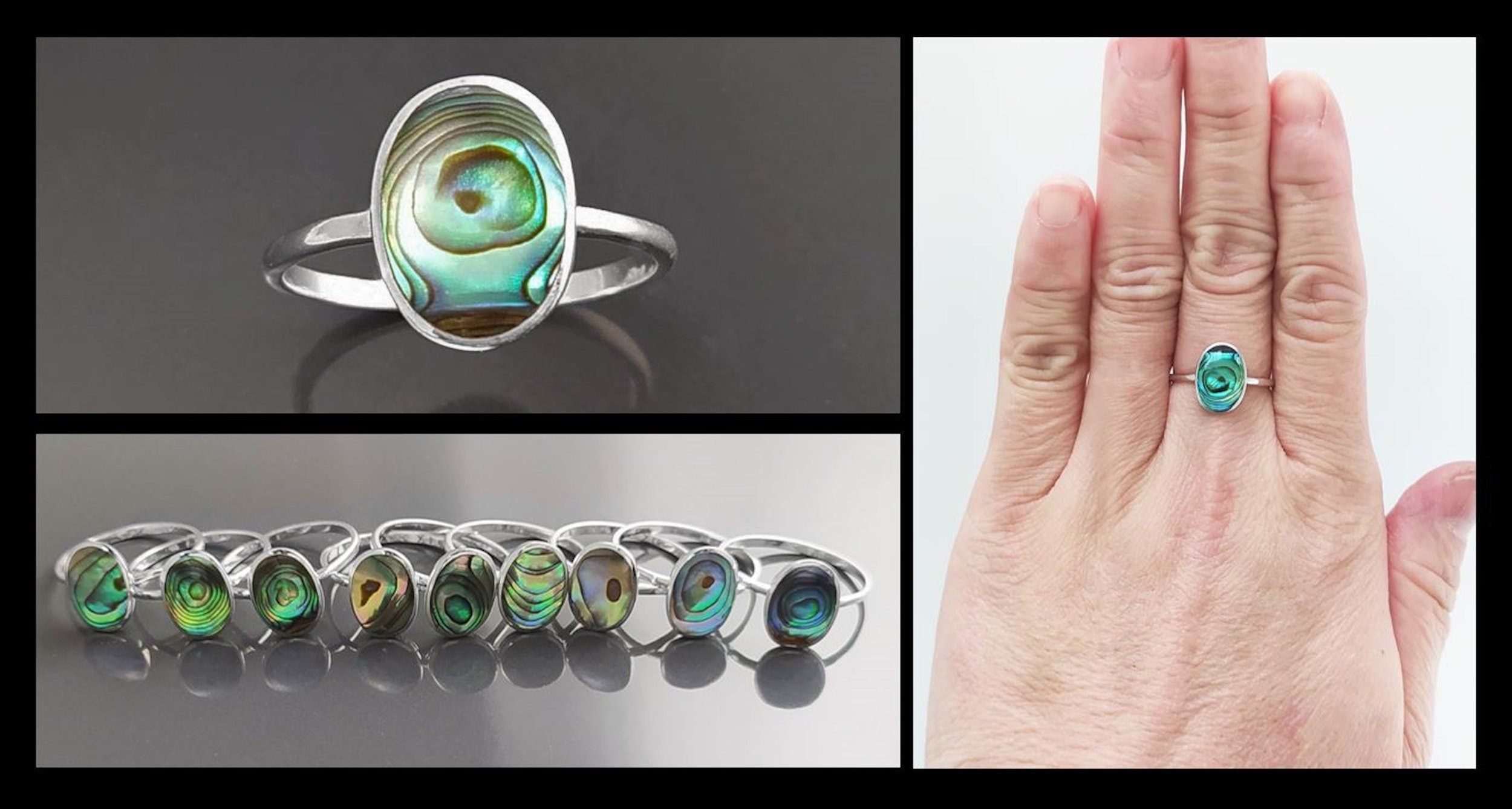 Abalone Flat Oval Ring, Sterling Silver Genuine PAUA Shell Mother of Pearl with Rainbow Reflection, Modern Minimalist Style