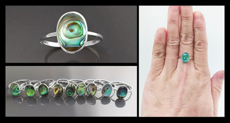 Abalone Flat Oval Ring, Sterling Silver Genuine PAUA Shell Mother of Pearl with Rainbow Reflection, Modern Minimalist Style