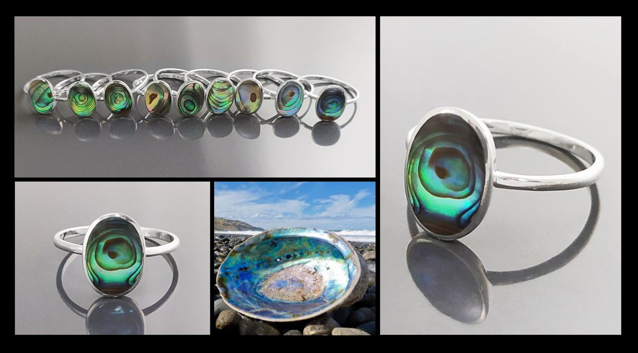 Abalone Flat Oval Ring, Sterling Silver Genuine PAUA Shell Mother of Pearl with Rainbow Reflection, Modern Minimalist Style