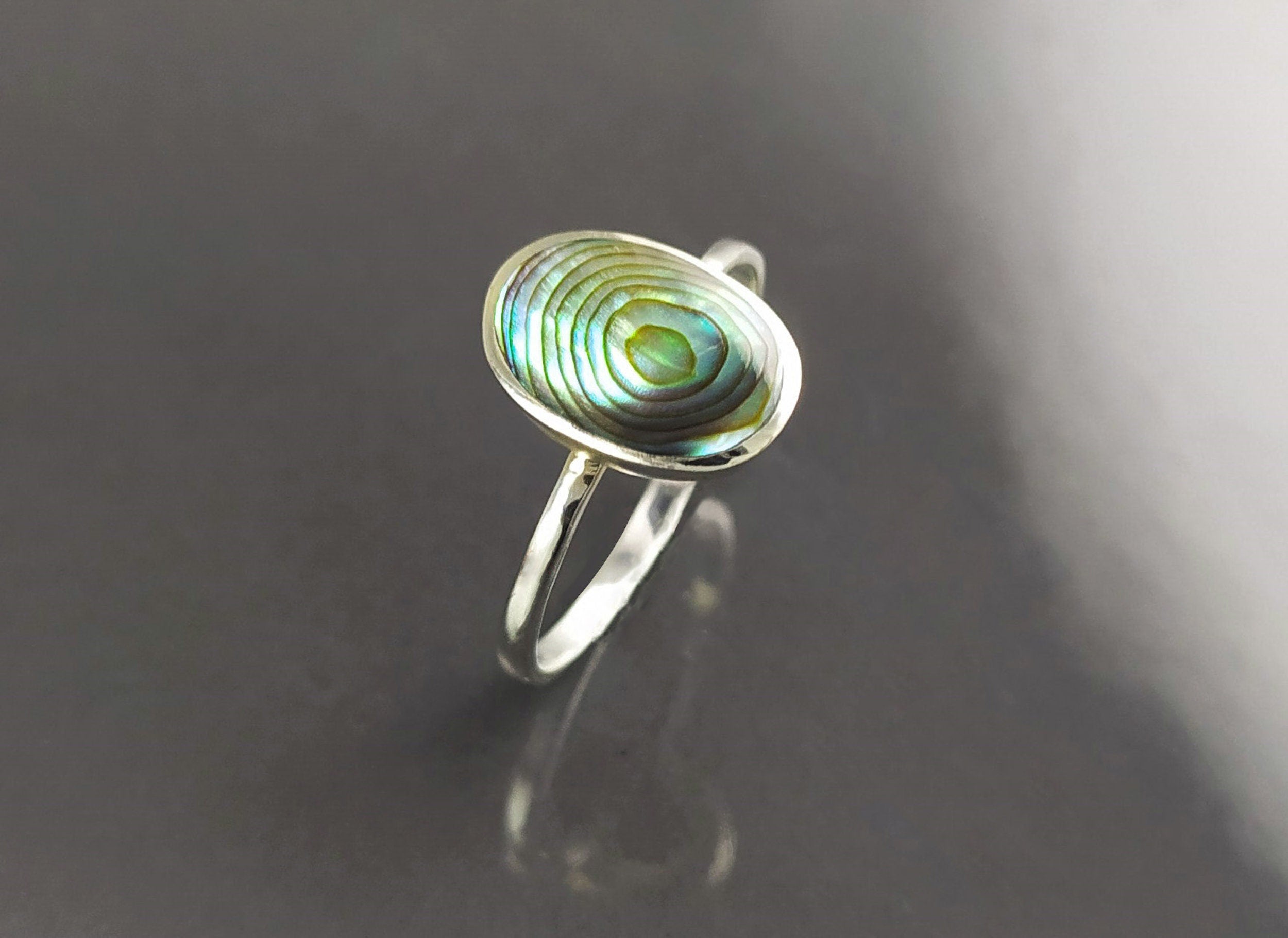 Abalone Flat Oval Ring, Sterling Silver Genuine PAUA Shell Mother of Pearl with Rainbow Reflection, Modern Minimalist Style