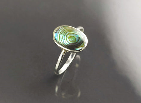 Abalone Flat Oval Ring, Sterling Silver Genuine PAUA Shell Mother of Pearl with Rainbow Reflection, Modern Minimalist Style