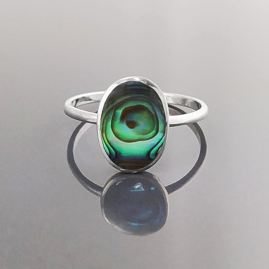 Abalone Flat Oval Ring, Sterling Silver Genuine PAUA Shell Mother of Pearl with Rainbow Reflection, Modern Minimalist Style
