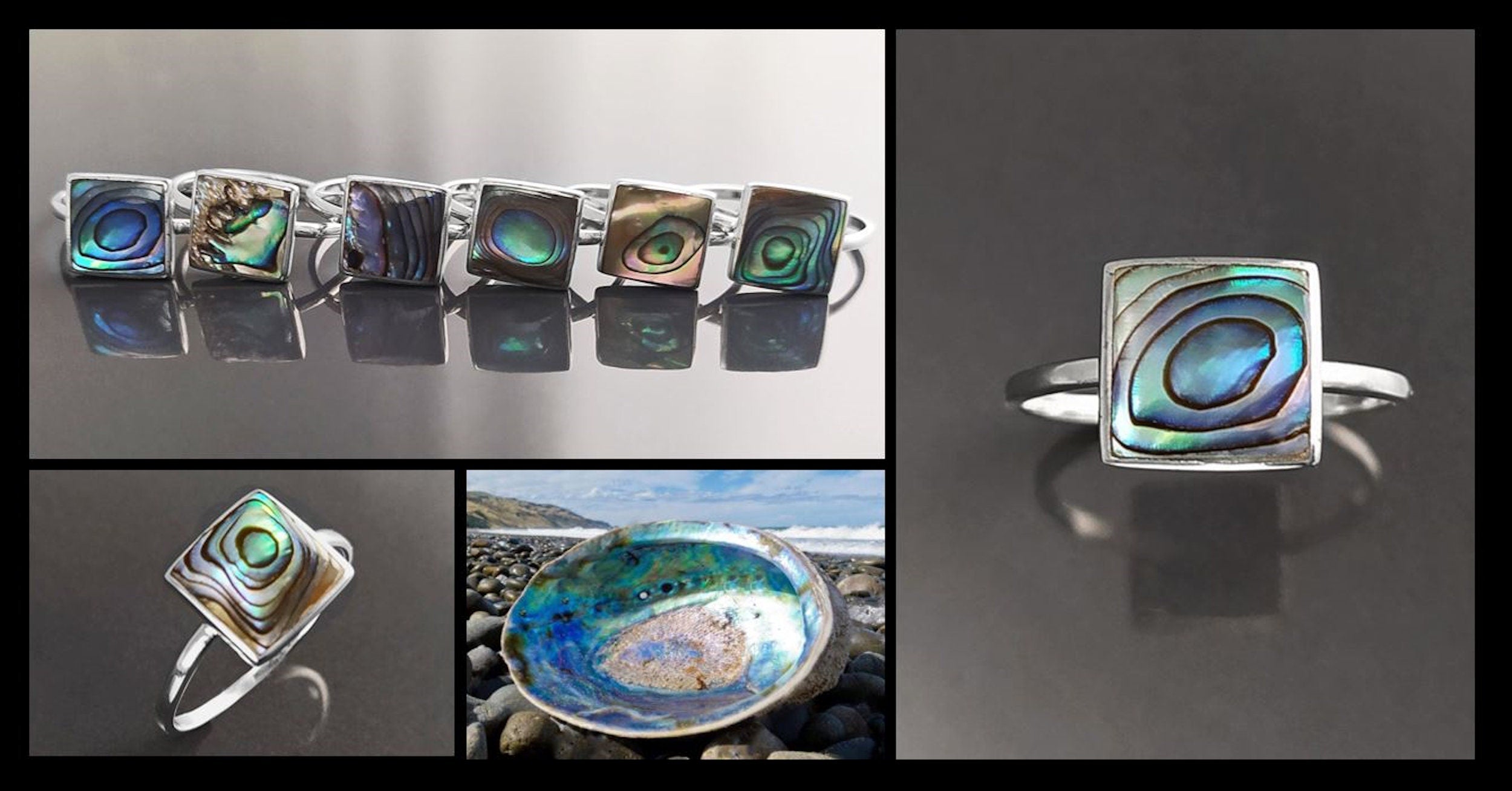 PAUA SHELL Ring Sterling Silver 925, Genuine in a Minimalist Square Design, Natural Blue Green Reflections Colors, Each Peace is Unique