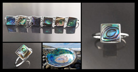 PAUA SHELL Ring Sterling Silver 925, Genuine in a Minimalist Square Design, Natural Blue Green Reflections Colors, Each Peace is Unique
