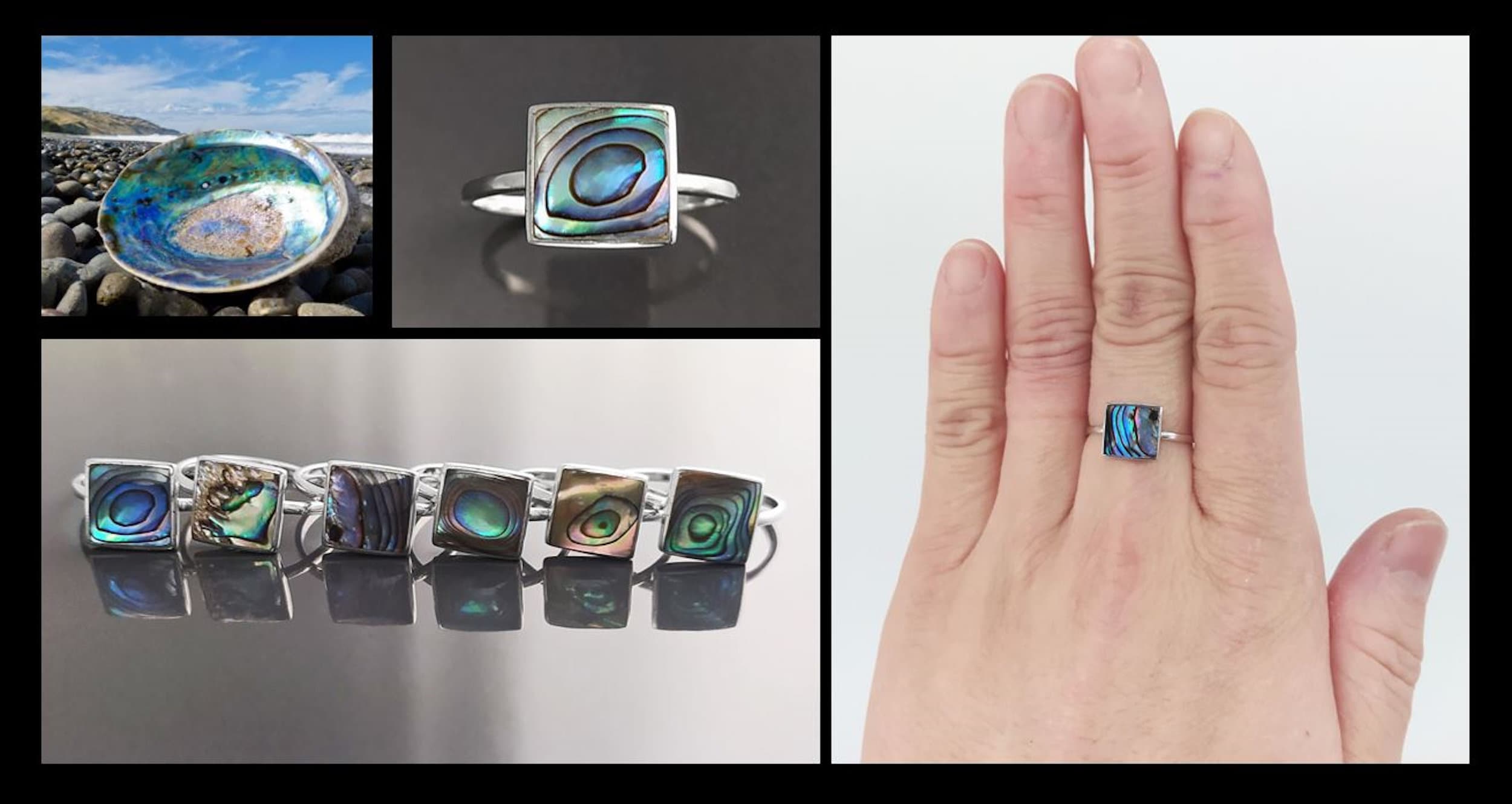 PAUA SHELL Ring Sterling Silver 925, Genuine in a Minimalist Square Design, Natural Blue Green Reflections Colors, Each Peace is Unique