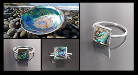 PAUA SHELL Ring Sterling Silver 925, Genuine in a Minimalist Square Design, Natural Blue Green Reflections Colors, Each Peace is Unique