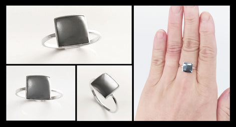 HEMATITE Gray Square Ring, 925 Sterling Silver, Genuine Grey Hematite Stone, Minimalist Ring, Geometric and Design Ring, Dainty Ring.