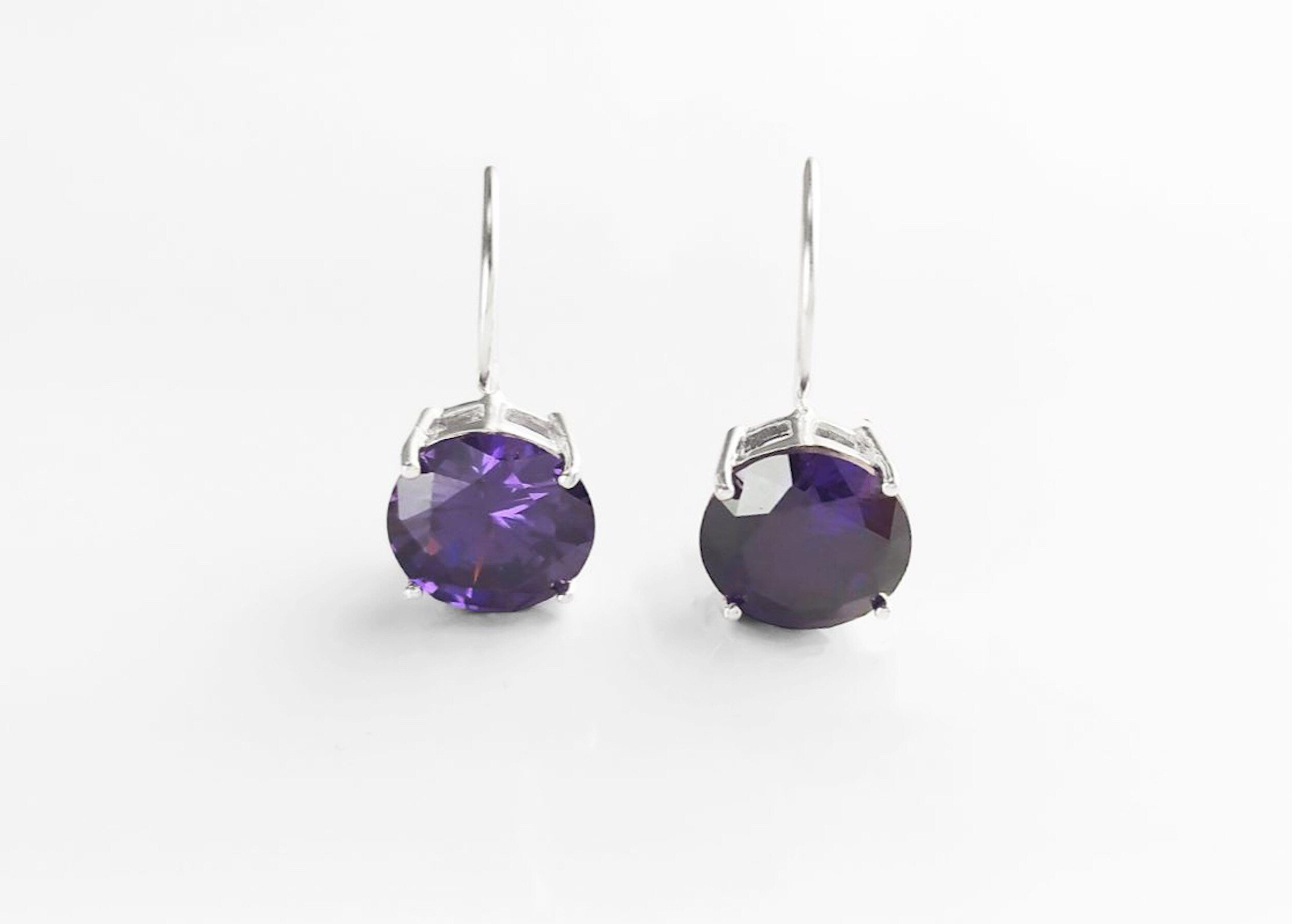 Purple Drop Earrings, 925 Sterling Silver, Big Violet Solitaire 10mm Round Stone, 6ct Amethyst simulant (CZ), Birthday gift, Hook Earrings