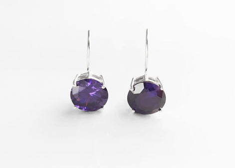 Purple Drop Earrings, 925 Sterling Silver, Big Violet Solitaire 10mm Round Stone, 6ct Amethyst simulant (CZ), Birthday gift, Hook Earrings