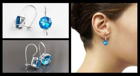 Stone 10mm Clear BLUE Stone Hook Earrings, Sterling Silver, 925 Earrings, Crocheted Earrings, Closed Crocheted Earrings, Blue Glass Stone