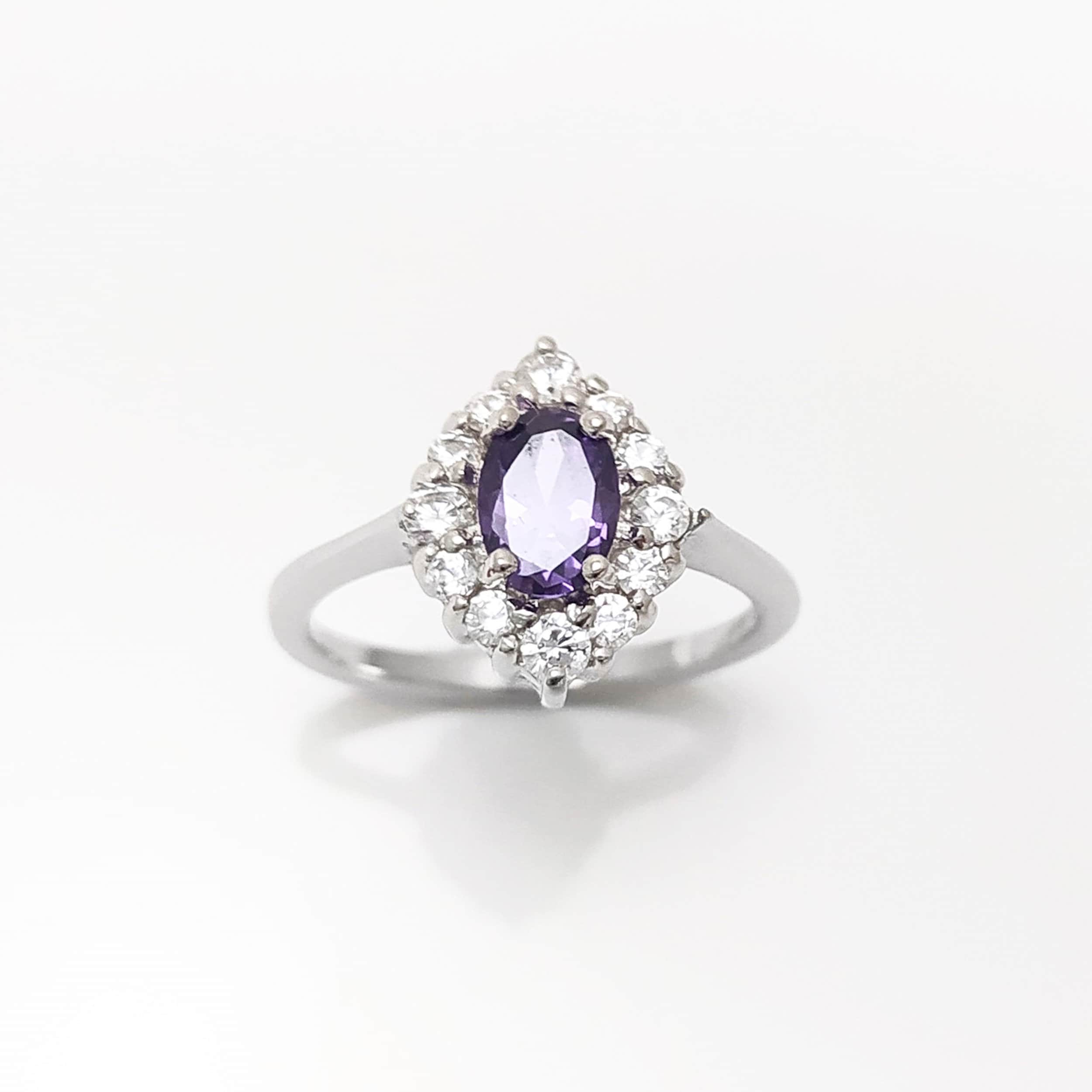 Purple Marquise Ring, Sterling Silver, White CZ Stones, Oval Amethyst Color CZ Stone, Engagement Ring, Classic Promise Jewelry, Woman Gift