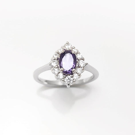Purple Marquise Ring, Sterling Silver, White CZ Stones, Oval Amethyst Color CZ Stone, Engagement Ring, Classic Promise Jewelry, Woman Gift
