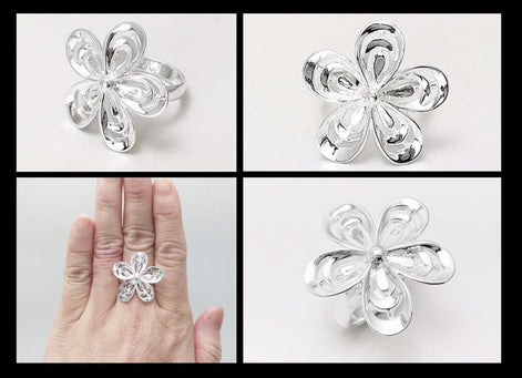 Stunning Silver Ring, 925 Big Flower Ring, Sterling Silver, Wide Flowers Petals Jewelry, Nature Inspired Ring, Unique Women's Flower Ring
